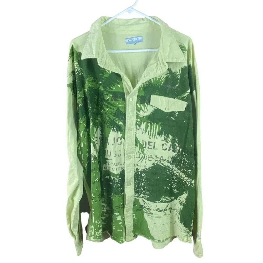 Azzure Mens Green Knit Hawaiian Palm Tree Print Long Sleeve Button Up Shirt 3XL